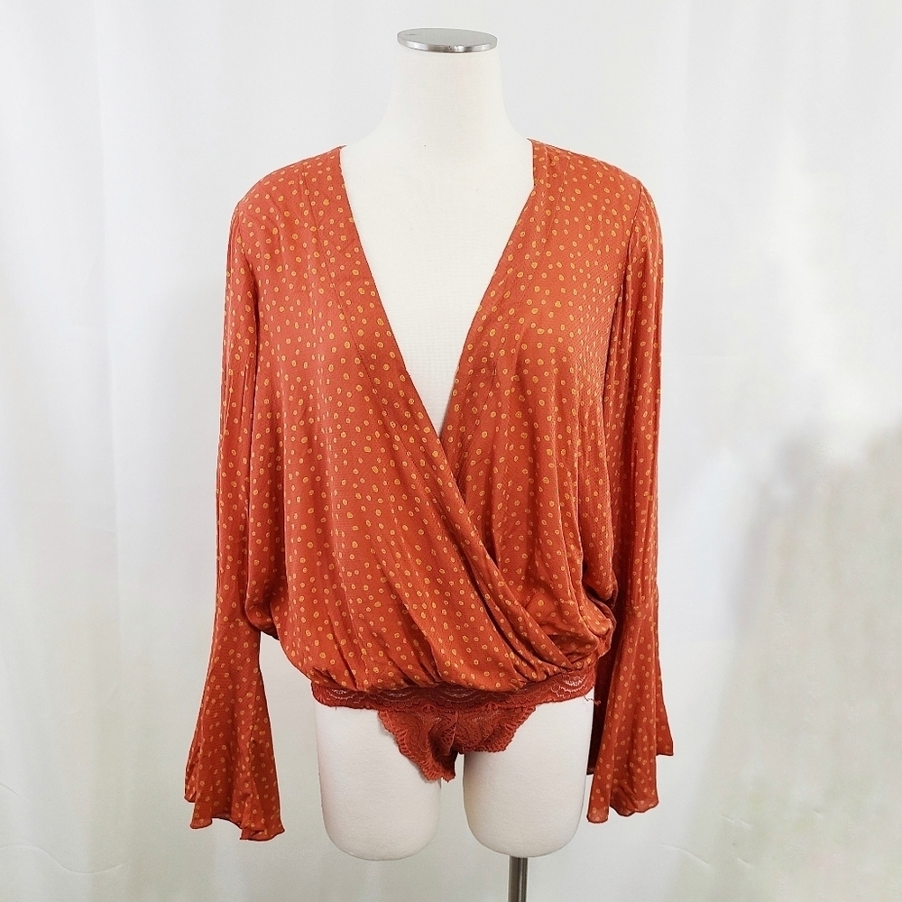 Free People Makin Waves bodysuit burnt orange yellow polka dots flare sleeves SM